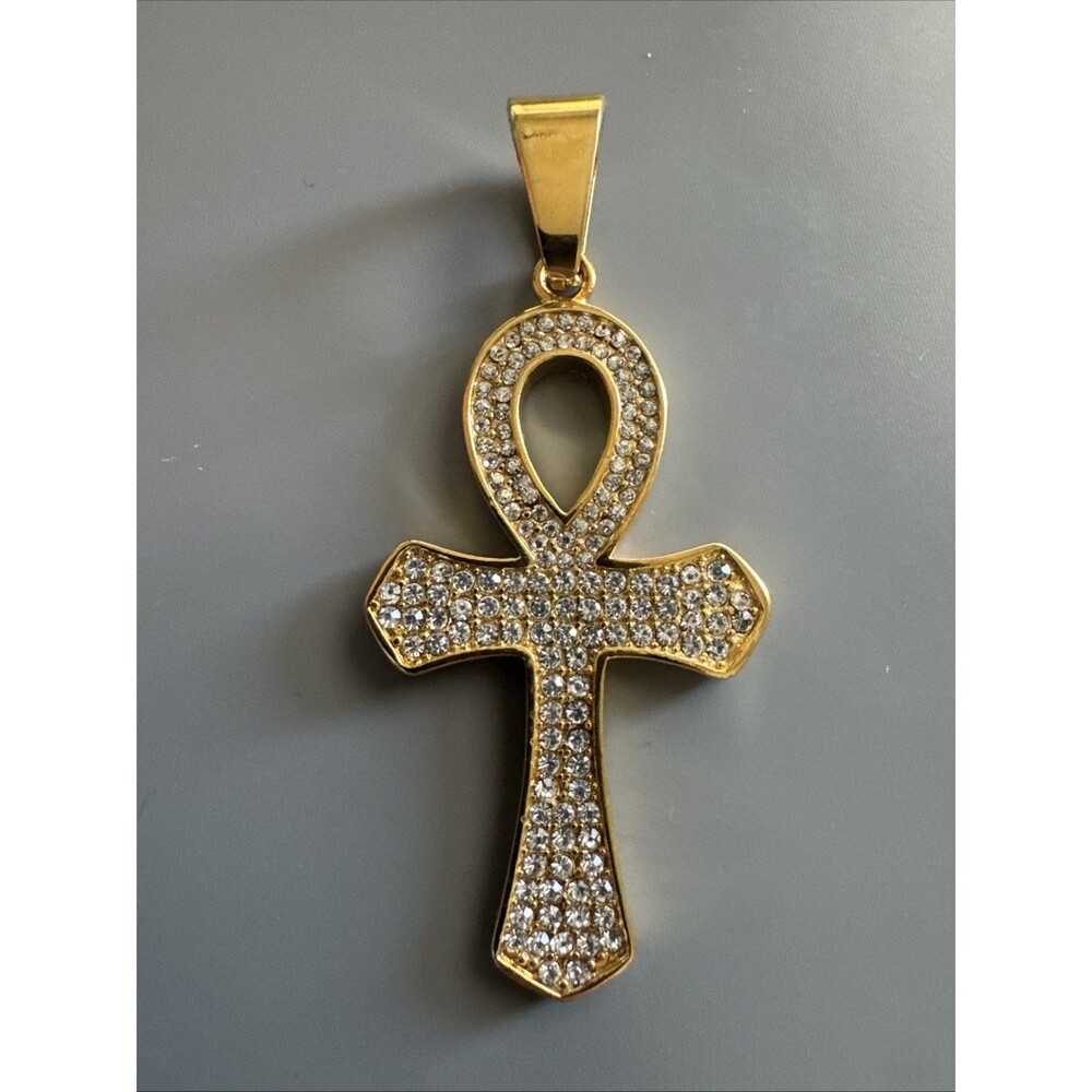 Gold Plated Cubic Zirconia Stainless Steel Egyptian Ankh Cross Pendant Necklace